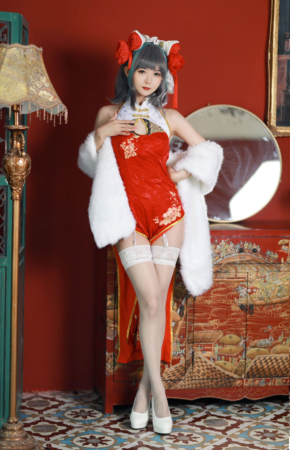 S[COS系] 51酱 COSPLAY《碧蓝航线》柴郡 新春旗袍 正片欣赏